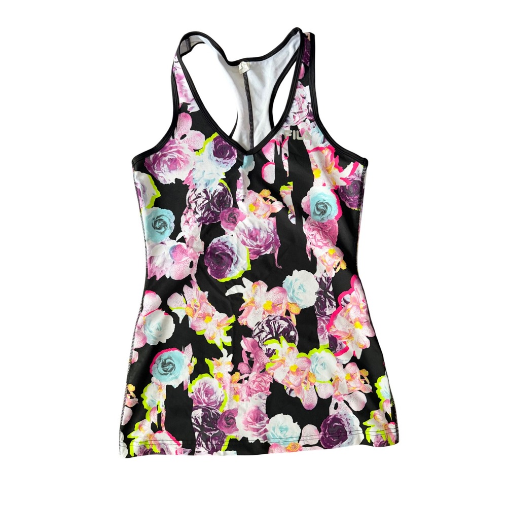 Fila Women's S Racerback Black Purple Blue Floral Athletic Tank Top | SKU 1154